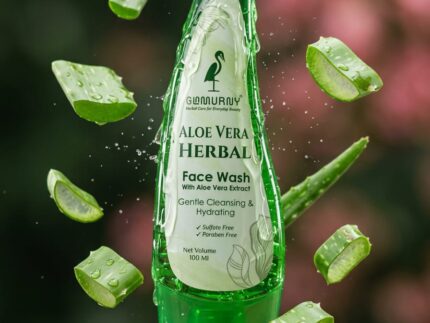 GLAMURNY Aloe Vera Herbal Face Wash with fresh aloe vera pieces highlighting natural herbal skincare and gentle cleansing formula.