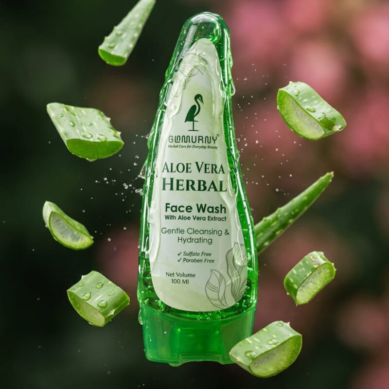 GLAMURNY Aloe Vera Herbal Face Wash with fresh aloe vera pieces highlighting natural herbal skincare and gentle cleansing formula.