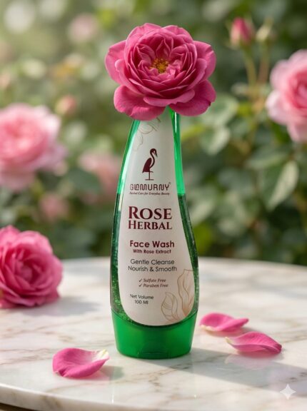 GLAMURNY Rose Herbal Face Wash 100ml bottle with fresh pink rose flower and petals, natural rose extract herbal face wash for gentle cleansing and smooth glowing skin.