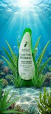 GLAMURNY Aloe Vera Herbal Face Wash bottle in a fresh water environment with aloe plants symbolizing hydration and natural skincare.