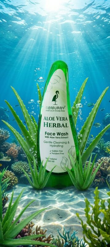 GLAMURNY Aloe Vera Herbal Face Wash bottle in a fresh water environment with aloe plants symbolizing hydration and natural skincare.