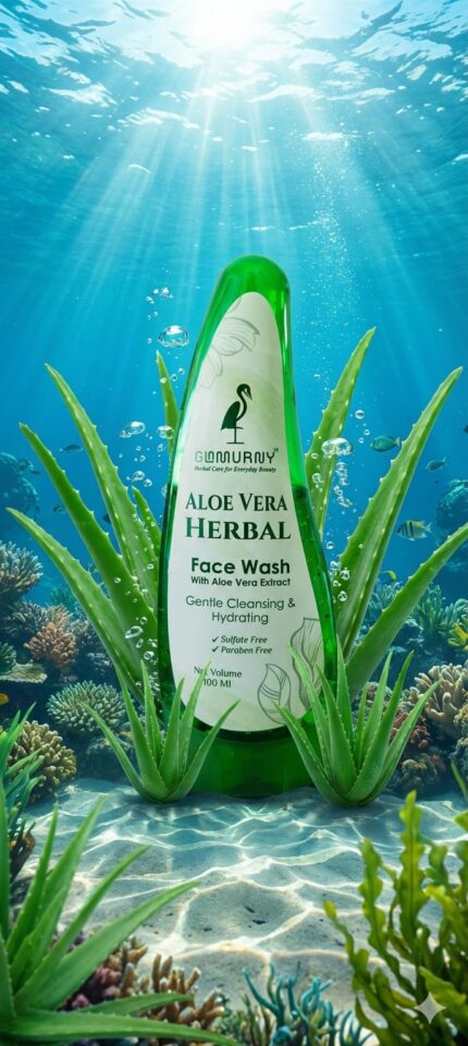 GLAMURNY Aloe Vera Herbal Face Wash bottle in a fresh water environment with aloe plants symbolizing hydration and natural skincare.