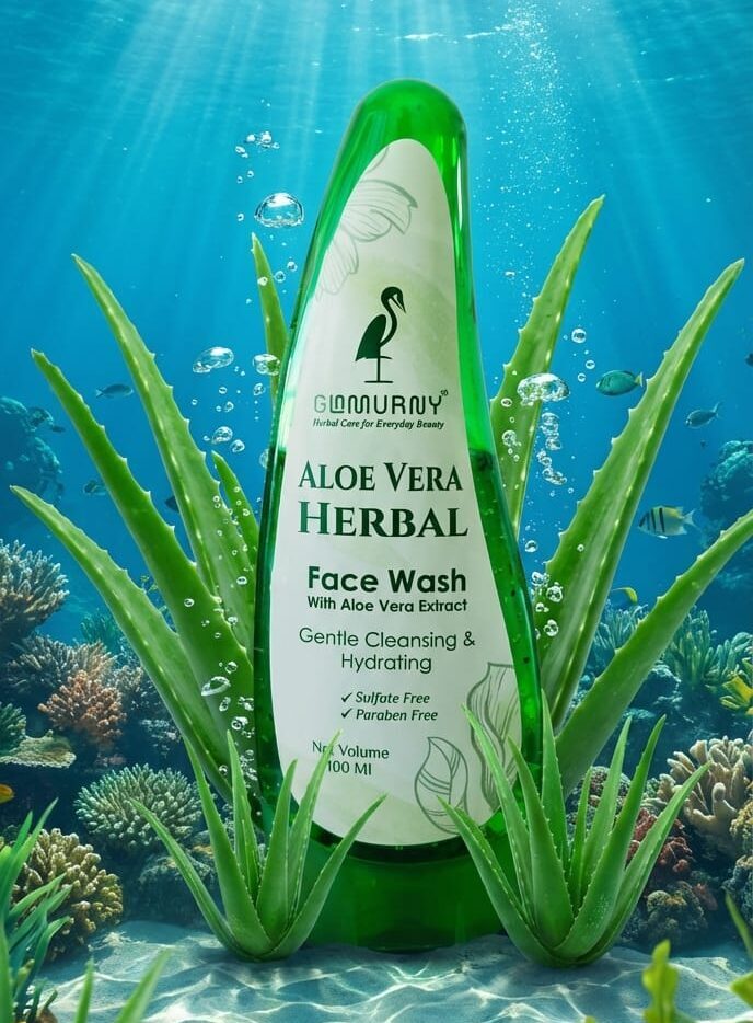 GLAMURNY Aloe Vera Herbal Face Wash bottle in a fresh water environment with aloe plants symbolizing hydration and natural skincare.