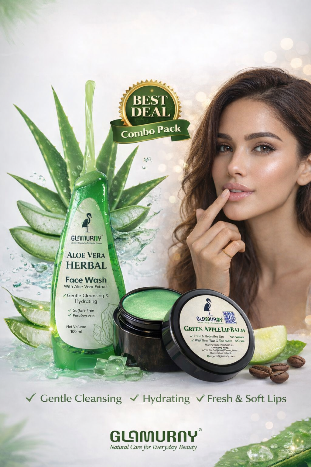 ChatGPT Image Feb 7, 2026, 02_36_22 PM Glamurny Aloe Vera Face Wash 100ml & Green Apple Lip Balm 8g Combo | Herbal Face & Lip Care Kit - Image 1