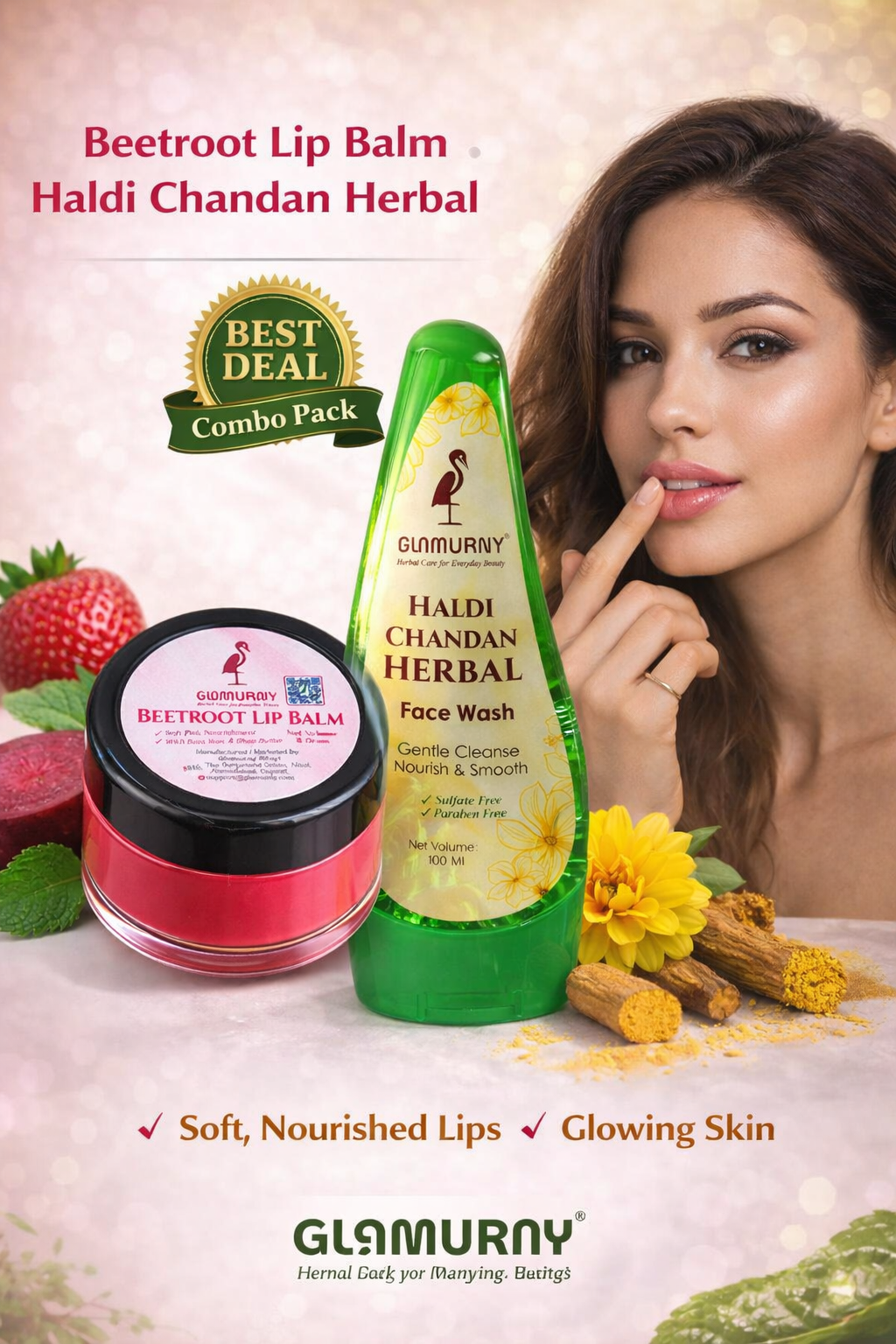 ChatGPT Image Feb 7, 2026, 02_47_17 PM Glamurny Haldi Chandan Face Wash 100ml & Beetroot Lip Balm 8g Combo | Glow & Natural Tint Skincare Kit - Image 1