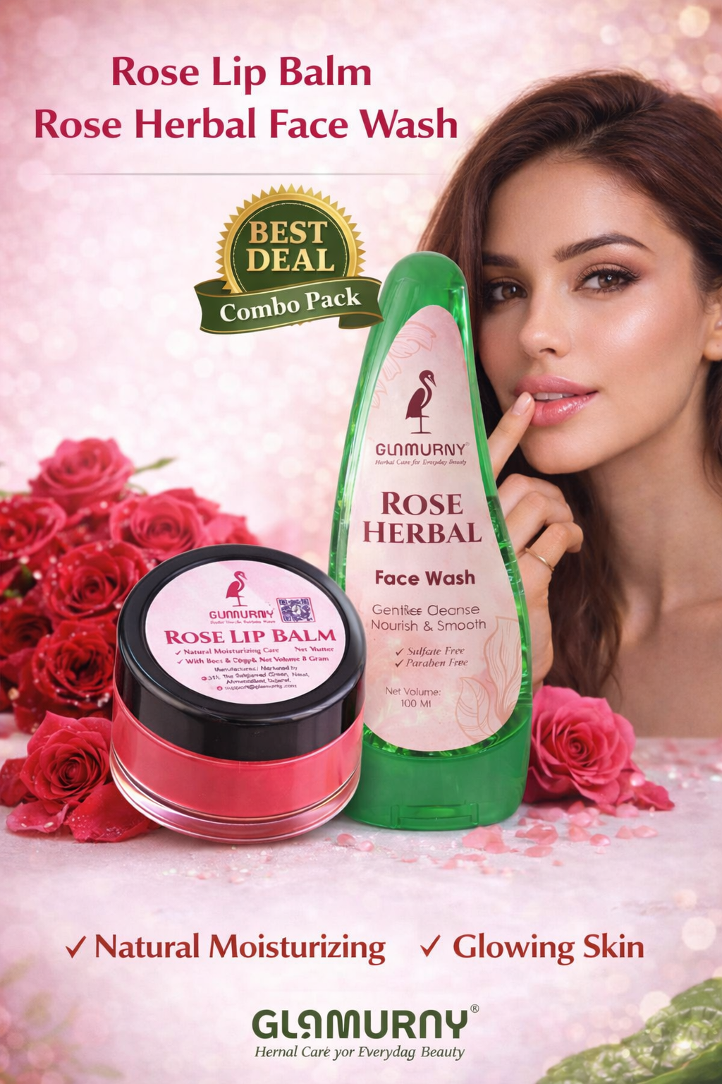 ChatGPT Image Feb 7, 2026, 02_56_00 PM Glamurny Rose Herbal Face Wash 100ml & Rose Lip Balm 8g Combo | Hydrating Glow Face & Lip Care Kit - Image 1