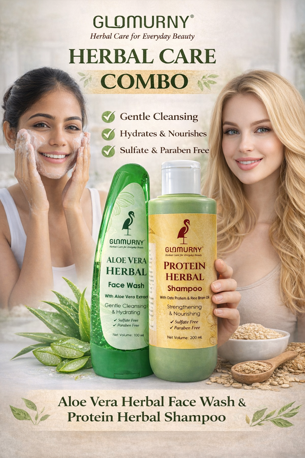 ChatGPT Image Feb 7, 2026, 03_26_34 PM Glamurny Protein Herbal Shampoo 200ml & Aloe Vera Face Wash 100ml Combo | Hair Strengthening & Hydrating Skincare Kit - Image 1