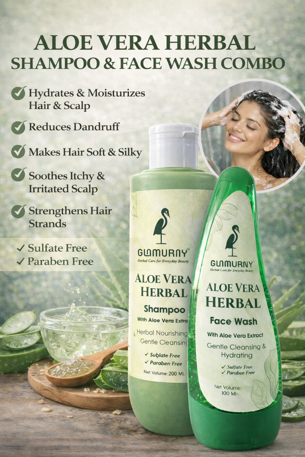 ChatGPT Image Feb 7, 2026, 03_37_51 PM Glamurny Aloe Vera Shampoo 200ml & Aloe Vera Face Wash 100ml Combo | Hydrating Hair & Skin Care Kit - Image 1