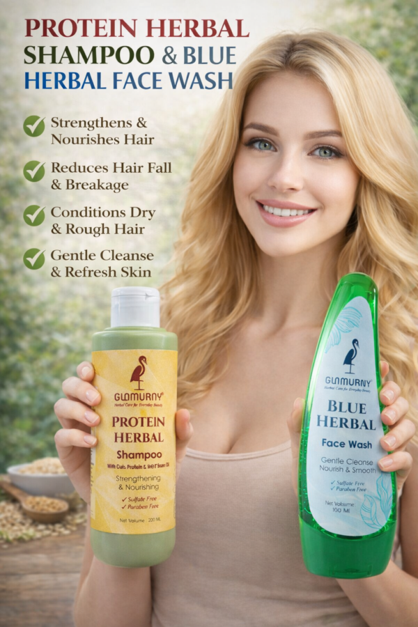 Glamurny Herbal Protein Shampoo 200ml & Blue Herbal Face Wash 100ml Combo | Hair Strengthening & Refreshing Skincare Kit