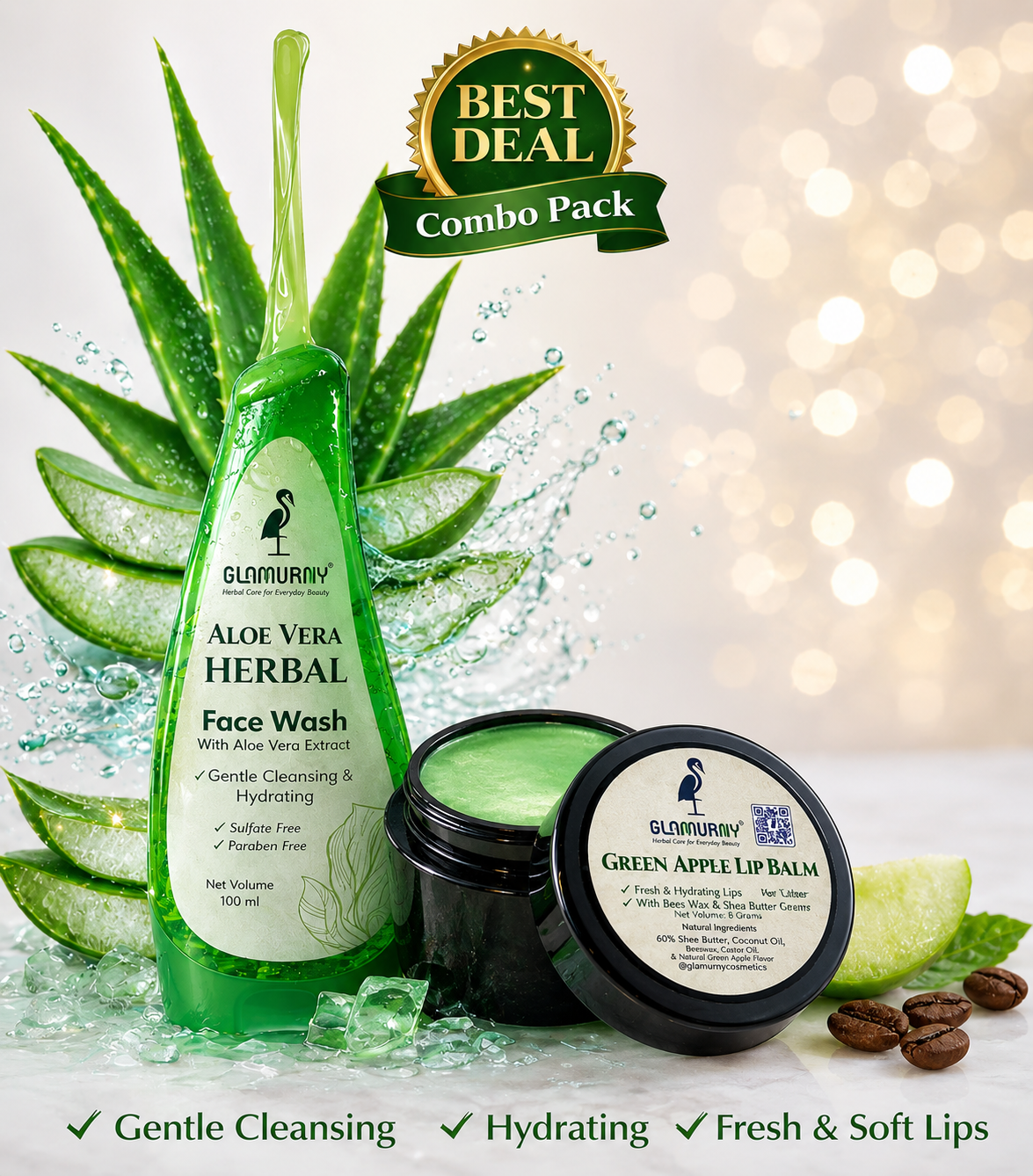 ChatGPT Image Jul 30, 2026, 06_49_58 PM Glamurny Aloe Vera Face Wash 100ml & Green Apple Lip Balm 8g Combo | Herbal Face & Lip Care Kit - Image 1